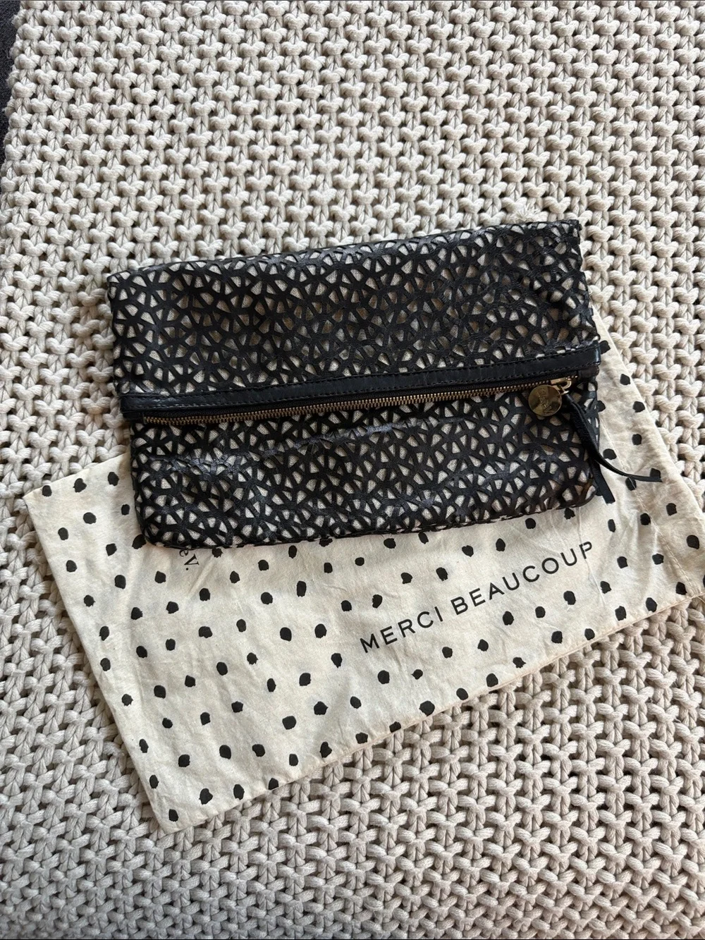 Clare V Black Laser-Cut Leather Foldover Clutch